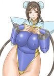  1girl arcana_heart breast_suppress breasts brown_eyes brown_hair curvy double_bun erect_nipples gauntlets hair_ornament hairclip high_collar huge_breasts leotard mei-fang papepox2 plump shoulder_pads smile thick_thighs thighs twintails wide_hips 