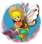  blonde_hair blue_eyes boots butterfree flower hat lowres open_mouth pokemon pokemon_special simple_background smile yellow_(pokemon) 