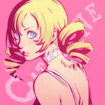  bare_shoulders blonde_hair blue_eyes catherine catherine_(game) character_name collar copyright_name drill_hair flat_color ilya_kuvshinov lips long_hair looking_at_viewer looking_back solo twin_drills 