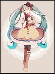  belt black_border blue_eyes boots border bow bowtie dress ennui_heiwa_miku gloves green_hair hair_ribbon hat hatsune_miku head_tilt highres knee_boots long_hair pantyhose ponita ribbon solo twintails very_long_hair vocaloid 