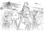  2boys animal arakawa_hiromu bag bull desert fu_(fma) fullmetal_alchemist greyscale highres lan_fan ling_yao monochrome multiple_boys official_art ponytail sketch 