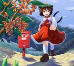  brown_eyes brown_hair chen from_below hamakenn japanese_postal_mark mountain multiple_tails nature open_mouth postbox_(outgoing_mail) short_hair solo tail touhou two_tails 