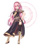  2d aqua_eyes belt black_legwear blue_eyes blush boots breasts contrapposto covered_navel detached_sleeves finger_to_mouth hand_on_hip headphones knee_boots long_hair medium_breasts megurine_luka navel one_eye_closed pink_hair solo standing thighhighs very_long_hair vocaloid 