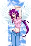  armpits arms_up artist_request clothes_writing denim feathers jeans long_hair looking_at_viewer masaki_aeka_jurai midriff navel no_bra one_eye_covered panties pants pink_panties ponytail purple_hair red_eyes shirt sidelocks sky solo t-shirt tenchi_muyou! underwear unzipped very_long_hair white_wings wings 