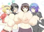  4girls :o areolae bel_hydra black_hair blonde_hair blood_lad blue_eyes blue_hair breast_hold breast_press breast_squeeze breasts breasts_outside brown_eyes brown_hair erect_nipples fingerless_gloves glasses gloves green_hair hair_ornament hairclip hanekawa_tsubasa high_school_dxd highres huge_breasts huge_nipples jacket jinraiken midriff monogatari_(series) multicolored_hair multiple_girls navel nipples nipples_touching open_clothes open_mouth puffy_nipples purple_hair servant_x_service shiny shiny_skin short_hair smile sunglasses topless torn_clothes twintails xenovia_(high_school_dxd) yamagami_lucy yellow_eyes 