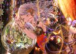  armband bare_shoulders bug butterfly dress flower globe hair_ornament insect long_hair open_mouth original ornate silver_hair smile solo star tsukioka_tsukiho wavy_hair yellow_eyes 