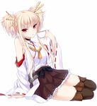  aoki_hagane_no_arpeggio arm_support bangs bare_shoulders blonde_hair blue_lipstick blunt_bangs brown_skirt choker cosplay cup detached_sleeves frilled_skirt frills hair_ornament kantai_collection kongou_(aoki_hagane_no_arpeggio) kongou_(kantai_collection) kongou_(kantai_collection)_(cosplay) lace lace-trimmed_thighhighs lipstick looking_at_viewer makeup namesake nontraditional_miko pleated_skirt red_eyes ribbon-trimmed_sleeves ribbon_trim sitting skirt solo teacup thighhighs twintails white_background yaguo yokozuwari zettai_ryouiki 