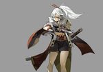  commentary expressionless fur_trim hair_ornament hair_stick highres japanese_clothes lamian_(pixiv415608) original ponytail red_eyes solo sword vambraces weapon white_hair 