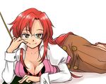  alternate_hairstyle bespectacled bikini_top breasts cleavage flame_print glasses hair_down large_breasts long_hair long_skirt long_sleeves looking_at_viewer lying neko_yuuko pointer puffy_long_sleeves puffy_sleeves red_hair ribbed_sweater skirt smile solo sweater teacher tengen_toppa_gurren_lagann unbuttoned yellow_eyes yoko_littner yomako 