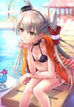  amatsukaze_(kantai_collection) bikini black_bikini breasts brown_eyes chin_rest choker collarbone goto_p hair_ornament hairband hat jacket_on_shoulders kantai_collection leaning_forward long_hair mini_hat mini_top_hat navel parted_lips poolside side-tie_bikini silver_hair sitting small_breasts solo swimsuit top_hat two_side_up very_long_hair 