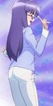  ass glasses happinesscharge_precure! haruyama_kazunori hikawa_iona long_hair open_mouth pantylines precure purple_background purple_eyes purple_hair solo 