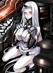  blush breasts breasts_outside claws dress horn kantai_collection large_breasts looking_at_viewer machinery monster mugenshiki nipples pale_skin red_eyes ribbed_dress seaport_hime shinkaisei-kan short_dress sitting solo sweatdrop thighs white_hair 