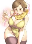  afterimage bad_id bad_pixiv_id black_legwear blush breasts brown_eyes brown_hair cleavage come_hither hair_ornament hairclip hand_gesture heavy_breathing large_breasts leaning_forward leotard licking_lips lips maou_alba naughty_face nene_(sengoku_musou) ninja plump scarf sengoku_musou sengoku_musou_2 sexually_suggestive short_hair solo sweat thighhighs tongue tongue_out translated yellow_leotard 