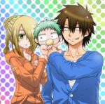  2boys baby baby_be&#039;el baby_be'el beelzebub_(manga) black_eyes blonde_hair blush braid brown_hair green_eyes green_hair hair_bun hair_over_one_eye hilda_(beelzebub) hood hoodie jacket jewelry long_hair multiple_boys necklace oga_tatsumi open_mouth pacifier short_hair 