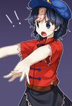  1girl bad_id bad_twitter_id black_hair blue_background blue_eyes bow fang hat highres jiangshi miyako_yoshika ofuda open_mouth outstretched_arms shinoba shirt short_hair short_sleeves simple_background skirt solo star surprised text_focus touhou zombie_pose 