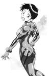  1boy arched_back ass blush breasts cosplay crossdressing genderswap hips ikari_shinji male_focus manabe_jouji monochrome neon_genesis_evangelion plugsuit short_hair skin_tight solo soryu_asuka_langley soryu_asuka_langley_(cosplay) surprise surprised sweat thighs trap 