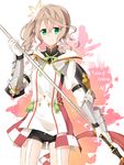  alisha_diphda armor bad_id bad_pixiv_id brown_hair copyright_name gloves green_eyes nana_kusun shirt short_hair shorts side_ponytail smile solo staff tales_of_(series) tales_of_zestiria thigh_strap 