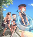  adapted_costume beach bikini bismarck_(kantai_collection) blonde_hair blue_eyes blush bow breasts brown_eyes brown_hair casual_one-piece_swimsuit clothes_writing covered_navel cross frilled_swimsuit frills full_body hat highres innertube kantai_collection large_breasts leaning_forward midriff military_hat multiple_girls navel one-piece_swimsuit peaked_cap sailor_bikini sailor_collar sailor_hat sailor_one-piece_swimsuit sandals school_uniform serafuku short_shorts shorts small_breasts smile supertie swimsuit toes translated z1_leberecht_maass_(kantai_collection) z3_max_schultz_(kantai_collection) 
