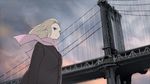  blonde_hair blue_eyes boots bridge coat long_hair new_york original scarf scenery seo_tatsuya sky solo walking 