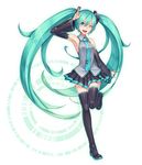 2d arm_up black_legwear blush breasts detached_sleeves green_eyes green_hair hair_ornament hatsune_miku long_hair looking_at_viewer necktie one_eye_closed open_mouth skirt small_breasts smile solo thighhighs twintails very_long_hair vocaloid zettai_ryouiki 
