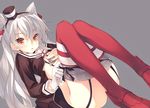  amami_mikihiro amatsukaze_(kantai_collection) dress flat_chest garter_straps gloves grey_background hand_on_own_chest kantai_collection knees_up long_hair looking_at_viewer panties panty_pull red_legwear sailor_dress silver_hair single_glove solo striped striped_legwear thighhighs two_side_up underwear white_gloves yellow_eyes 