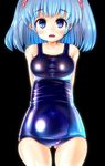  arms_behind_back bad_id bad_pixiv_id bare_shoulders black_background blue_eyes blue_hair blush breasts collarbone covered_navel covered_nipples hair_bobbles hair_ornament highres kawashiro_nitori large_breasts no_hat no_headwear oimo_(imoyoukan) one-piece_swimsuit open_mouth school_swimsuit shiny shiny_clothes shiny_swimsuit short_hair short_twintails simple_background skindentation solo standing sweatdrop swimsuit thigh_gap touhou twintails two_side_up water_drop 