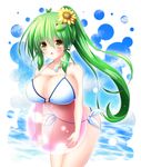  ball beachball bikini breasts frog green_hair hair_ornament kochiya_sanae large_breasts long_hair osashin_(osada) ponytail snake swimsuit touhou very_long_hair yellow_eyes 