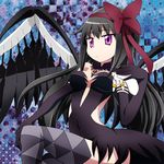  :&lt; akemi_homura akuma_homura alternate_breast_size argyle argyle_legwear bare_shoulders black_gloves black_hair black_wings bow breasts choker cleavage dress elbow_gloves feathered_wings gloves hair_bow kyubey long_hair mahou_shoujo_madoka_magica mahou_shoujo_madoka_magica_movie masako_(sabotage-mode) medium_breasts purple_eyes simple_background solo spoilers thighhighs wings 