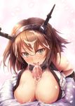  bare_shoulders blush breast_squeeze breasts brown_hair censored cum cum_in_mouth cum_on_body cum_on_breasts cum_on_hair cum_on_tongue cum_on_upper_body facial gloves green_eyes hairband headband headgear hetero highres kantai_collection large_breasts licking looking_at_viewer mutsu_(kantai_collection) nipples open_clothes open_mouth oral paizuri penis pov short_hair smile solo_focus suien tongue 