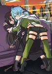  1girl absurdres bent_over black_eyes black_hair blue_eyes blue_hair blush energy_sword fingerless_gloves gloves highres kirito kirito_(sao-ggo) kurobane long_hair otoko_no_ko sexually_suggestive short_hair sinon sword sword_art_online warped_context weapon 