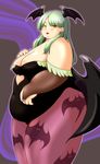  1girl bat_wings green_hair head_wings highres leotard morrigan_aensland obese oyunei patterned_legwear vampire_(game) wings yellow_eyes 