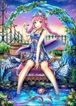  bare_shoulders barefoot barrel blue_eyes braid cherry crystal fence food fruit hat head_wings hourainingyou jewelry legs long_hair necklace original pendant pink_hair plant ribbon sitting sky smile soaking_feet solo twin_braids vines water 