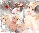  218 3girls ahoge andira_(granblue_fantasy) anila_(granblue_fantasy) animal_ears ass bangs bare_shoulders blonde_hair blunt_bangs breasts butt_crack cleavage collarbone commentary_request dark_skin dated eyebrows_visible_through_hair granblue_fantasy hairband horns jewelry kuvira_(granblue_fantasy) large_breasts long_hair looking_at_viewer monkey monkey_ears multiple_girls naked_towel onsen open_mouth pointy_ears sheep sheep_horns short_eyebrows signature small_breasts smile towel tree yellow_eyes 