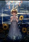  blinds blonde_hair closed_eyes dappled_sunlight dress expressionless flower grass hairband hands_clasped kagamine_rin own_hands_together short_hair solo sunflower sunlight tang_elen vocaloid white_dress wind_chime 