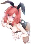  :&lt; all_fours animal_ears bare_shoulders black_legwear breasts breasts_outside bunny bunny_ears bunny_tail bunnysuit circle_name collarbone detached_collar fake_animal_ears fishnet_pantyhose fishnets love_live! love_live!_school_idol_project medium_breasts nipples nishikino_maki pantyhose purple_eyes red_hair short_hair solo tail white_background wrist_cuffs yoshijima_ataru 