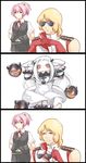  2girls 3koma akaneyu_akiiro arms_behind_back blonde_hair blue_eyes caramelldansen comic gloves gundam horns interlocked_fingers kantai_collection long_hair mittens multiple_girls northern_ocean_hime open_mouth pale_skin ponytail quattro_vageena red_eyes removing_eyewear shinkaisei-kan shiranui_(kantai_collection) short_hair short_ponytail short_sleeves silent_comic simple_background sunglasses uniform white_hair zeta_gundam 