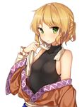  bad_id bad_twitter_id bare_shoulders blonde_hair blush breasts green_eyes long_sleeves looking_at_viewer mizuhashi_parsee off_shoulder parted_lips ponytail scarf shinoba shirt short_hair simple_background sleeveless sleeveless_turtleneck small_breasts solo touhou turtleneck undressing white_background 