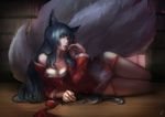  ahri animal_ears blue_eyes blue_hair breasts caviar_(lunar_sama) detached_sleeves fox_ears fox_tail hand_to_own_mouth highres korean_clothes league_of_legends lips long_hair looking_at_viewer lying medium_breasts miniskirt multiple_tails off_shoulder on_side parted_lips skirt solo tail wooden_floor yellow_eyes 