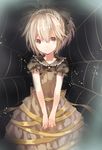  bad_id bad_twitter_id black_background blonde_hair brown_dress brown_eyes dress hair_ribbon kurodani_yamame miya_(tsumazukanai) ponytail puffy_sleeves ribbon short_hair short_sleeves silk simple_background smile solo spider_web touhou 