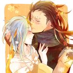  1girl blue_hair blush bow brown_hair closed_eyes collarbone couple dotted_line eyebrow_piercing fairy_tail flower_(symbol) forehead_kiss gajeel_redfox hand_on_another's_chest hand_on_another's_head headband hetero hug imminent_kiss kiryuu_shiromaru kiss levy_mcgarden lip_piercing long_hair orange_background piercing scarf spiked_hair sweatdrop tattoo white_background 