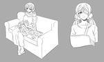  arm_sling ayase_eli bandage_over_one_eye broken_arm couch grey_background greyscale injury lap_pillow lineart long_hair love_live! love_live!_school_idol_project low_twintails monochrome multiple_girls off-shoulder_sweater one_eye_covered pas_(paxiti) ponytail scrunchie simple_background sitting sketch smile sweater time_paradox toujou_nozomi twintails younger 