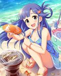  :d animal_print artist_request asari_nanami beach blue_eyes blue_hair bracelet breasts cleavage cooler day fan feet fish_hair_ornament fish_print fishing_rod flip-flops grill grilling hair_ornament happy idolmaster idolmaster_cinderella_girls jewelry looking_at_viewer medium_breasts official_art open_mouth paper_fan sandals shichirin smile solo sparkle squatting toes uchiwa 