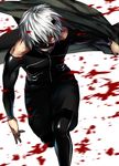  blood gimp_suit kaneki_ken long_sleeves looking_at_viewer male_focus mask red_eyes shiromi_(ringo) smile solo spoilers tokyo_ghoul 