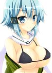  alternate_breast_size aqua_eyes aqua_hair bare_shoulders bitter_crown black_bra blush bra breasts cleavage covered_nipples large_breasts looking_at_viewer open_mouth scarf short_hair simple_background sinon solo sword_art_online underwear white_background 