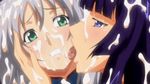  2girls animated animated_gif blue_eyes blush cum cum_on_body cum_on_hair facial green_eyes ikusa_otome_valkyrie ikusa_otome_valkyrie_g licking multiple_girls saliva sweat tongue 