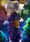  animal_ears fireworks fox_ears japanese_clothes koneko_(nonnkimono) long_hair original red_eyes silver_hair solo 