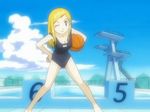  basketball blonde_hair blue_eyes breasts cleavage digimon digimon_frontier long_hair orimoto_izumi pool school_swimsuit swimsuit tagme wink 