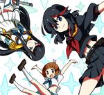  aosa_(michikusakan) arms_up black_hair blue_eyes brown_eyes brown_hair bunny epaulettes junketsu kill_la_kill kiryuuin_satsuki long_hair mankanshoku_mako matoi_ryuuko multiple_girls navel school_uniform senketsu serafuku short_hair skirt smile suspenders upside-down 