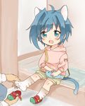  ahoge animal_ears bad_id bad_pixiv_id blue_eyes blue_hair cardfight!!_vanguard cat_ears cat_tail chawanmushi_(ebikamaboko) fang full_body hood hoodie male_focus open_mouth putting_on_shoes sendou_aichi shoes shorts single_shoe smile tail younger 