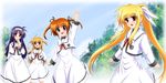  arisa_bannings blonde_hair blue_eyes diesel-turbo fate_testarossa green_eyes hair_ribbon hairband long_hair looking_at_viewer lyrical_nanoha mahou_shoujo_lyrical_nanoha mahou_shoujo_lyrical_nanoha_a's multiple_girls open_mouth purple_eyes purple_hair red_eyes red_hair ribbon school_uniform seishou_elementary_school_uniform short_hair takamachi_nanoha tsukimura_suzuka twintails very_long_hair waving 